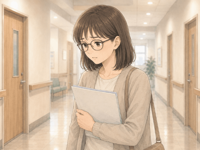 治療を任せる医師とのやり取りに違和感を覚え、病院の廊下で考え込む女性