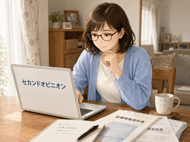 自宅のパソコンでセカンドオピニオンについて調べ、少し安心する乳がん治療前の女性