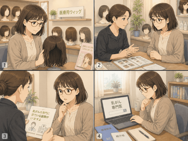 ウィッグを探しに訪れた美容室で乳がんを診療する医師の情報を聞き、自宅で調べる女性