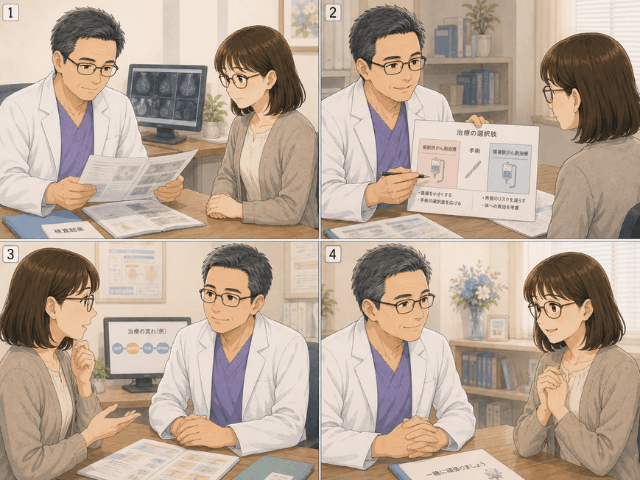 セカンドオピニオン先で医師から丁寧な説明を受け、安心して質問する乳がん治療前の女性