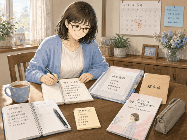 紹介状や検査資料、質問メモを準備してセカンドオピニオン受診に備える女性