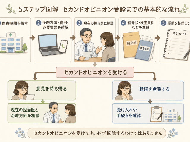 セカンドオピニオン後に現在の担当医と相談する場合と転院を検討する場合を示した図