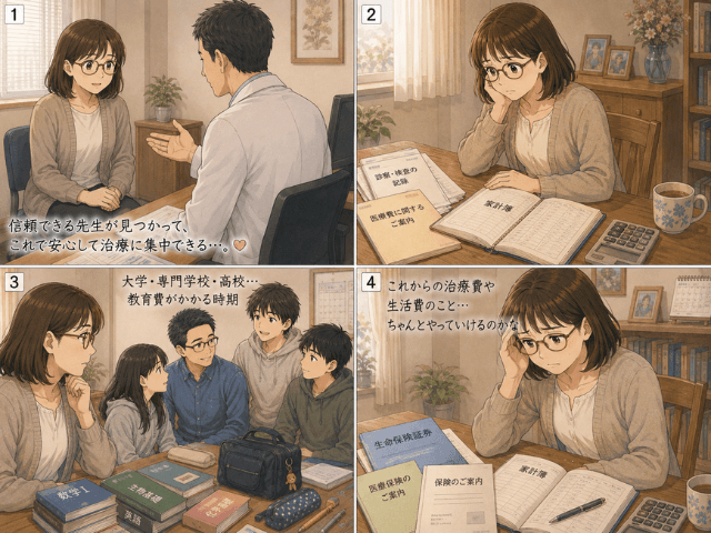 乳がん治療を任せる主治医が決まったあと、家計簿や保険書類を前に治療費を心配する女性