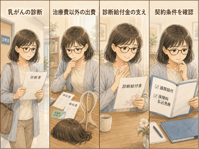 乳がんの診断後に治療費以外の出費が発生し、診断給付金を受け取って保険の契約条件を確認する女性の4コマ漫画