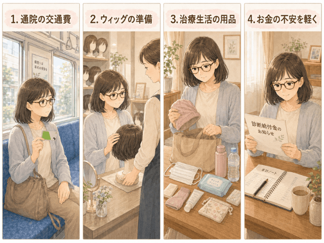 診断給付金が通院交通費やウィッグ、治療生活用品の準備に役立ったことを示す4コマ漫画
