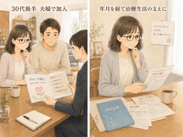 30代後半に夫婦でがん保険へ加入した場面と、51歳の乳がん治療時に保険に助けられた場面の対比