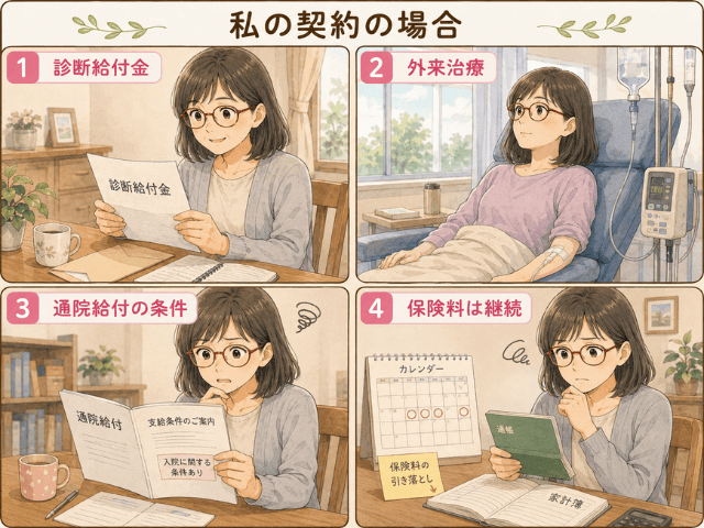 診断給付金を受け取る一方、外来治療の通院給付条件と診断後も続く保険料を確認する女性の4コマ漫画