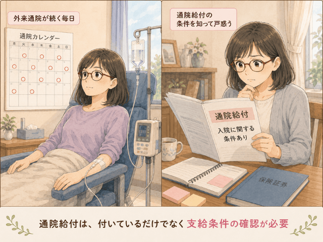 外来で抗がん剤治療に通う女性が、保険証券で通院給付の支給条件を確認する場面