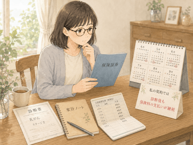 がん診断後も毎月の保険料が続く契約だったことを保険証券と家計ノートで確認する女性