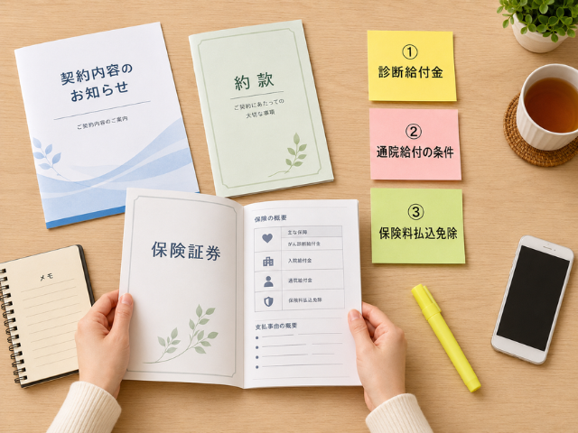 保険証券や約款を用意し、診断給付金、通院給付の条件、保険料払込免除を確認する手元