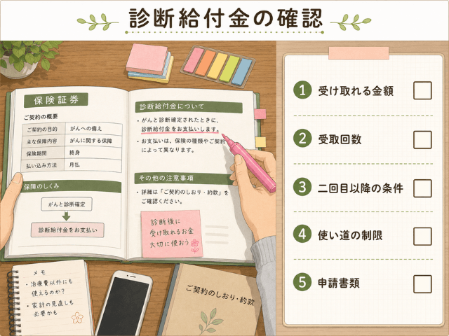 診断給付金の金額、受取回数、二回目以降の条件、使い道、申請書類を確認するチェックリスト