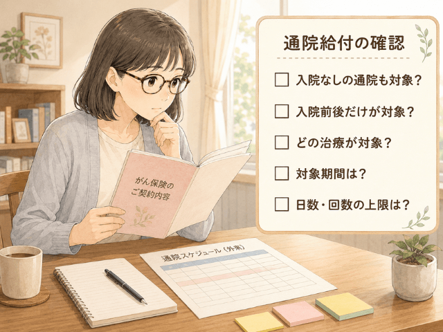 保険証券と通院予定表を並べ、入院との関係や対象治療、期間、回数を確認する女性