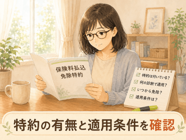 保険料払込免除特約の有無と適用条件を保険証券で確認する女性