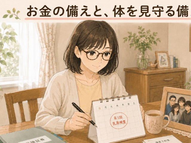 乳がんの経過観察を終えた女性が、保険書類をしまい、カレンダーに年1回の乳房検査の予定を書き込む場面