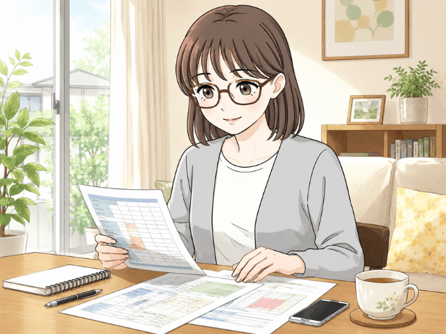 元気なうちに保険証券を確認する女性の漫画イラスト