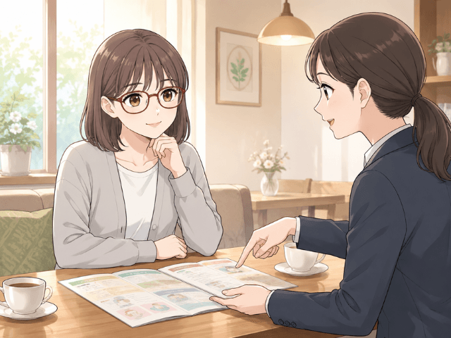 30代後半の女性が保険担当者から説明を受けている回想シーンの漫画イラスト