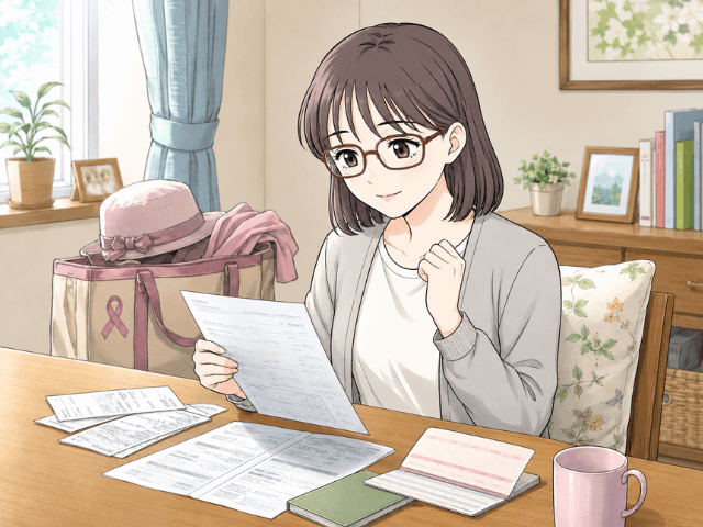 乳がん治療中に医療費の書類と保険の書類を確認して安心する女性の漫画イラスト