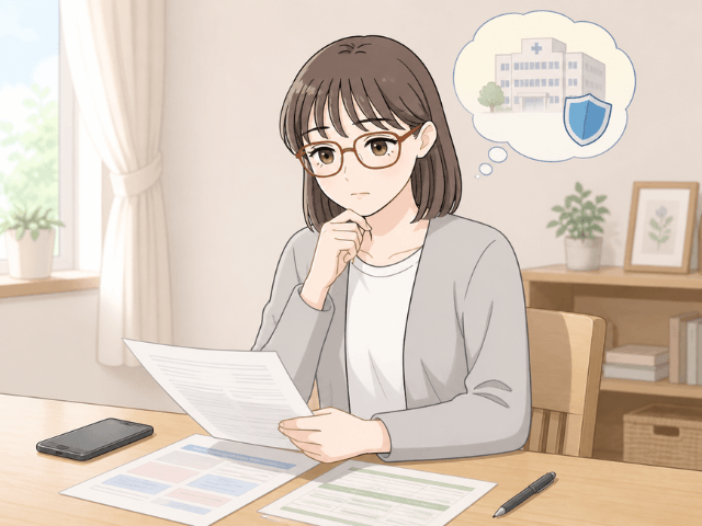 がんの既往歴があり保険の申込書を前に考え込む女性の漫画イラスト