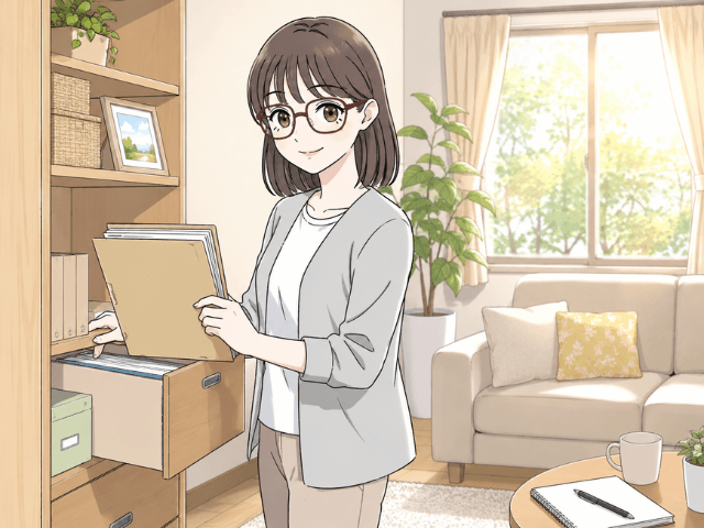 健康で元気なうちに、棚から保険のファイルを取り出して確認しようとする女性の漫画イラスト