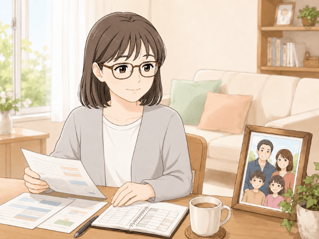 家族の写真を見ながら保険の保障内容を確認する女性の漫画イラスト