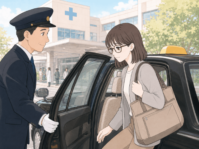 治療後の体調を考えて病院前からタクシーに乗る50代女性の漫画