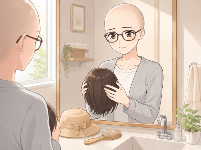 鏡の前で医療用ウィッグを手に取り、自分らしさを取り戻そうとする女性の漫画