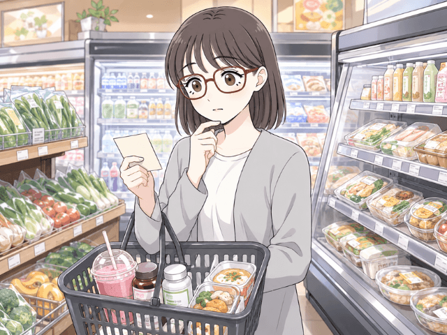 治療中の体調に合わせて栄養補助食品や食べやすい食品を選ぶ女性の漫画