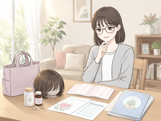 保険の書類や通院用品を見ながら、治療中の備えに安心する女性の漫画