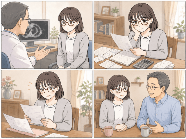 がん診断後のお金の不安と、保険の備えに支えられる様子を描いた4コマ漫画