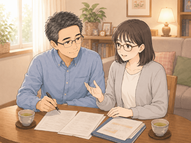 治療中のお金の不安について家族と話し合い、安心を伝える50代女性の漫画