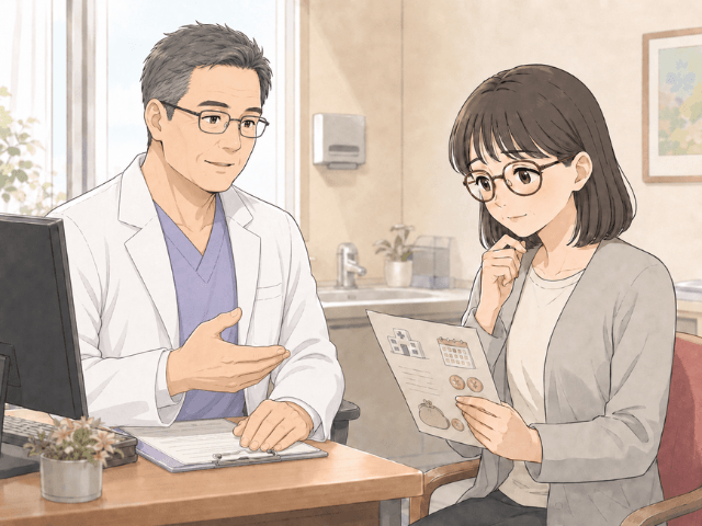 診察室で治療説明を聞きながら、お金の不安と向き合う50代女性の漫画