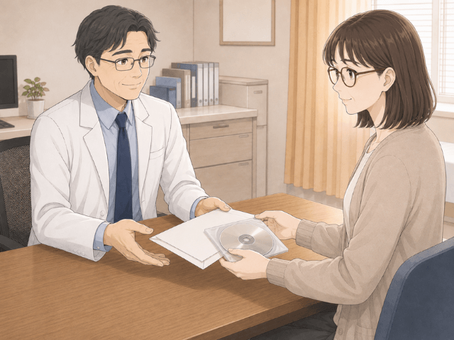 10年以上の治療と経過観察を記した紹介状と資料を医師に渡す女性