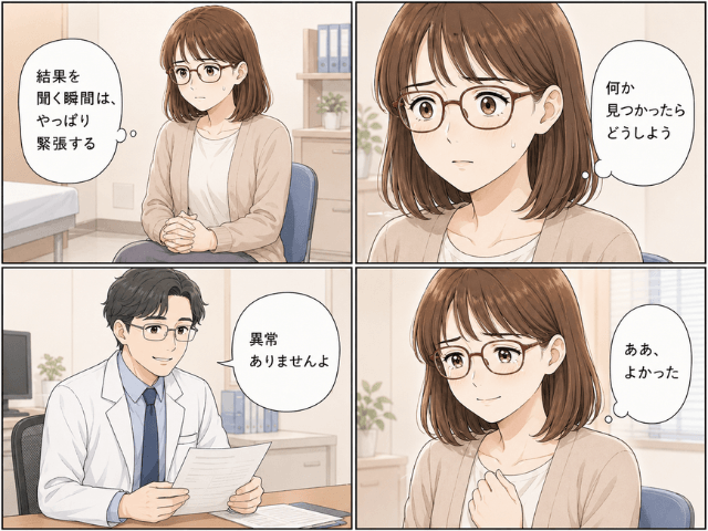 検査結果を聞き「異常ありませんよ」の言葉に安堵する4コマ漫画