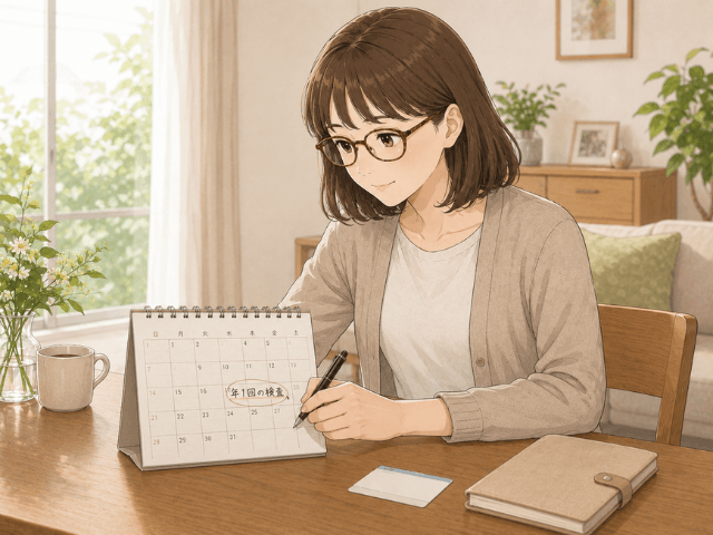 経過観察終了後も年1回の乳房検査を続けるため、カレンダーに予定を書き込む女性