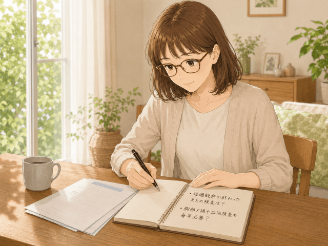 経過観察終了後の検査について、医師に確認したい質問をノートに整理する女性