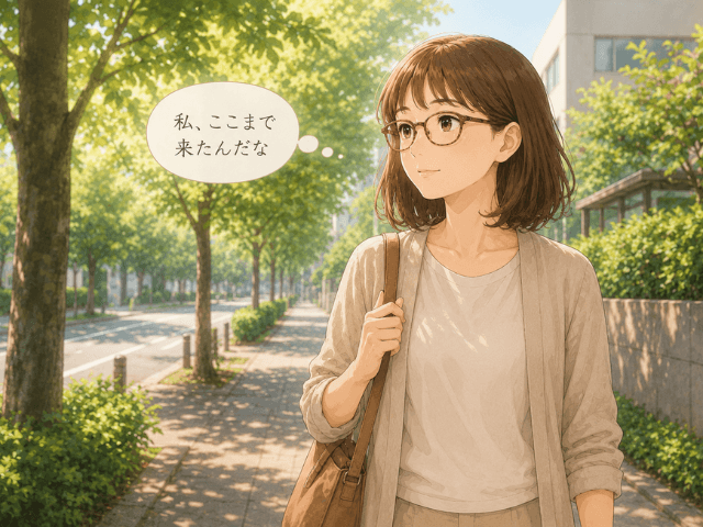 街路樹のある帰り道を、穏やかな気持ちで歩く女性