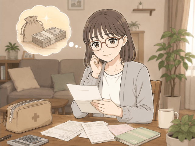 診断一時金の書類を見て、治療前のお金の不安が少し軽くなる50代女性の漫画