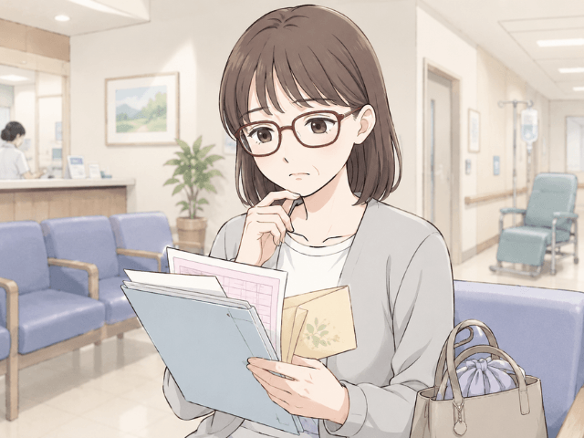 通院保障の条件を確認し、思っていた保障が使えず少し落胆する50代女性の漫画