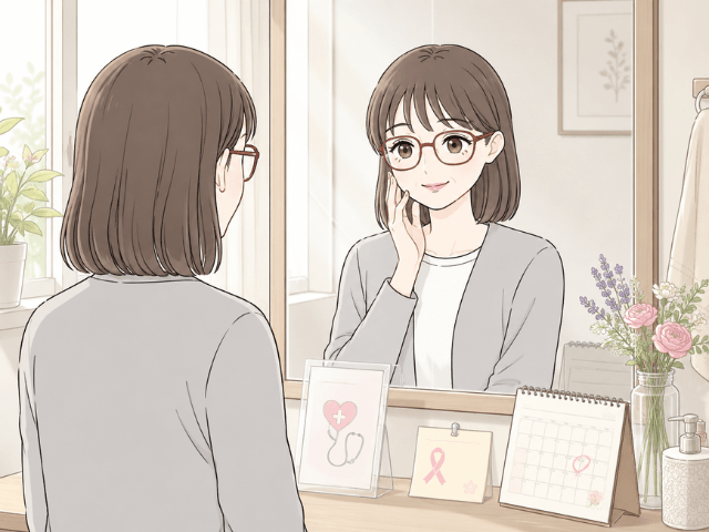 検診の案内とカレンダーを見ながら、自分の体の変化を大切に考える50代女性の漫画