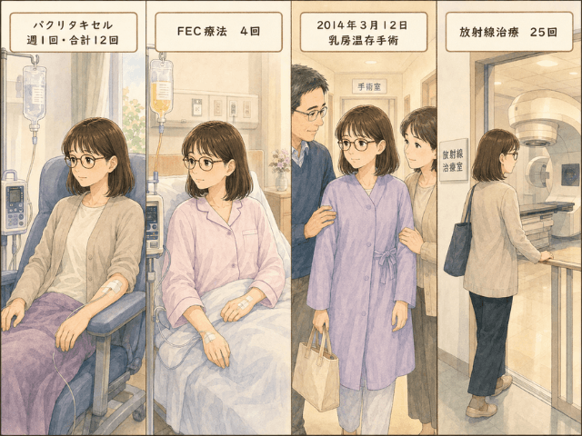 パクリタキセル、FEC療法、乳房温存手術、放射線治療という乳がん治療の流れを示した図