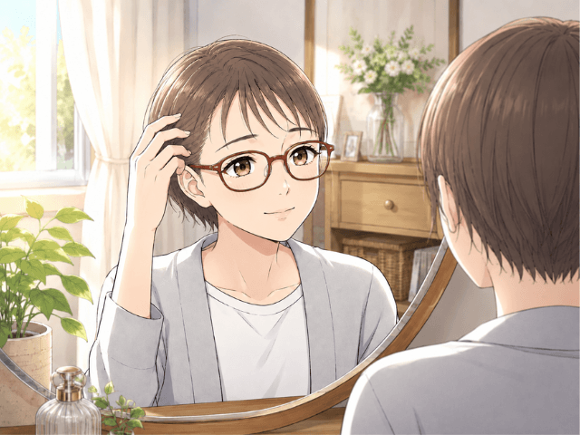 抗がん剤後に生え始めた短い髪を、鏡の前で静かに見つめる女性のイラスト