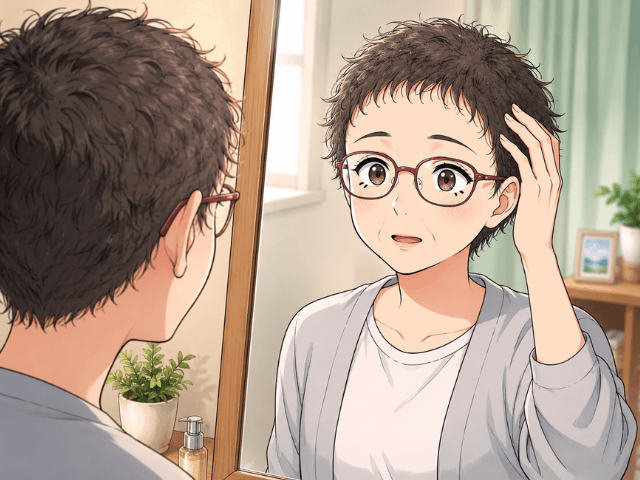 くるくるした短い髪を鏡で見て戸惑いながらも、少し安心した表情の女性のイラスト