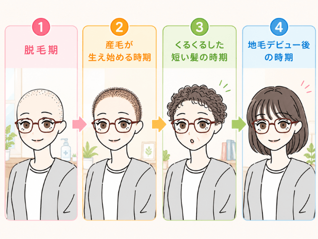 抗がん剤後の髪の変化を4段階で示したタイムラインイラスト