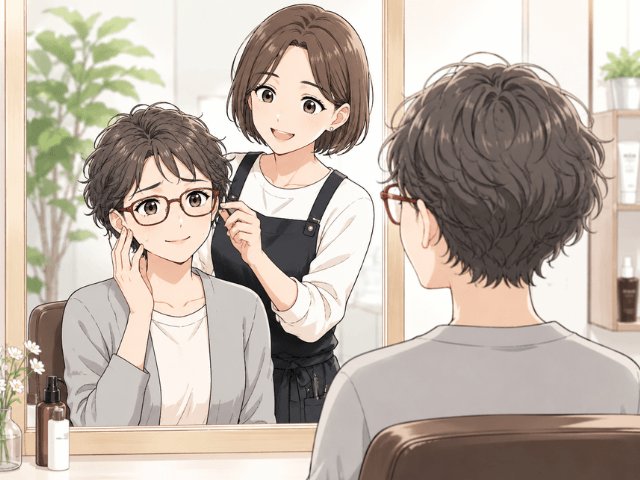 美容室で美容師に相談しながら、安心した表情を見せる女性のイラスト