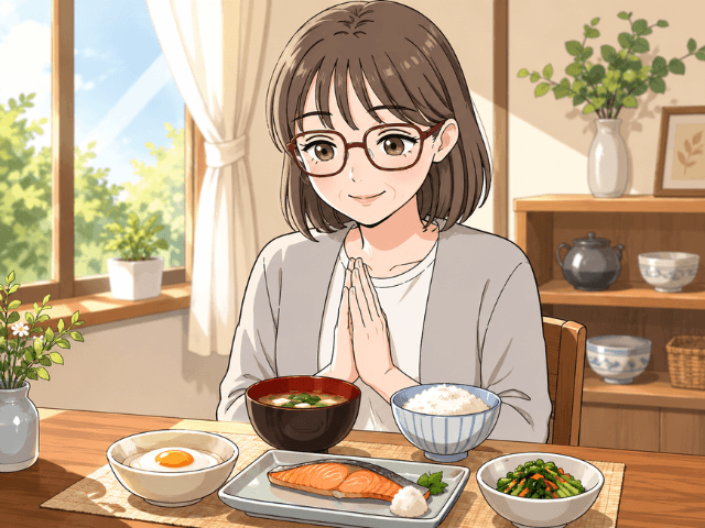 髪の回復を意識しながら、朝の食卓で和食を前に穏やかに手を合わせる女性のイラスト