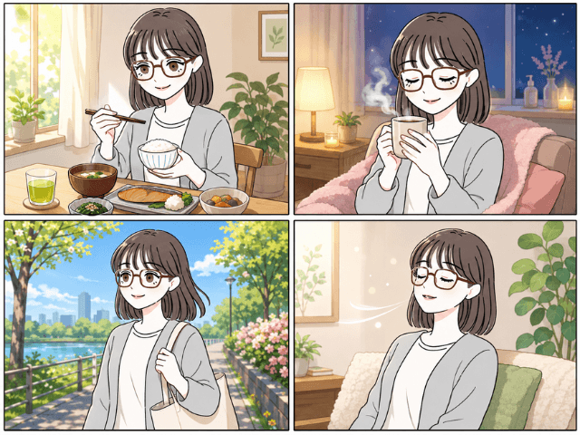 規則正しい食事、睡眠、軽い運動、リラックス時間を描いた4コマ漫画