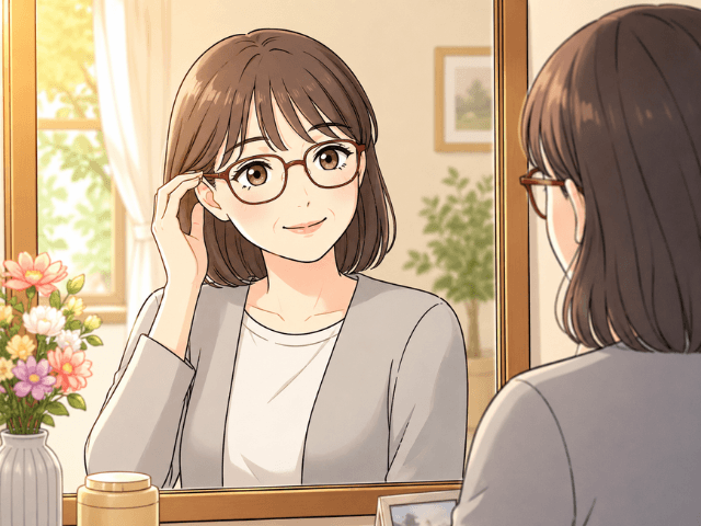 髪を整えながら、穏やかに微笑む女性のイラスト