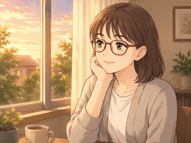 窓辺で穏やかに外を見つめる女性のイラスト