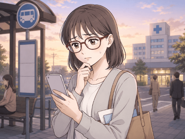 がんの診察後、病院近くのバス停で立ち止まり、保険のことを不安そうに考える50代女性の漫画画像
