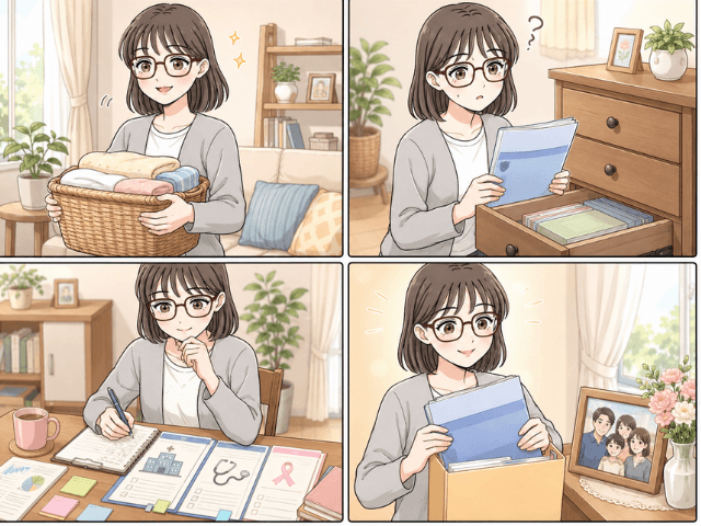 元気なうちに保険証券を確認し、保障内容を整理してファイルにまとめる50代女性の4コマ漫画